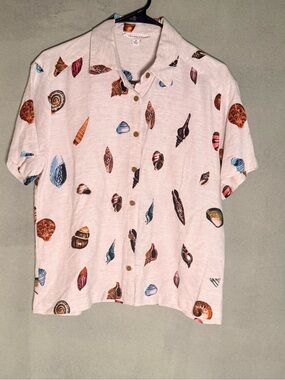 Shell Print Short Sleeve Button-Up Shirt -Rayon/Linen Coastal Beach Boho
